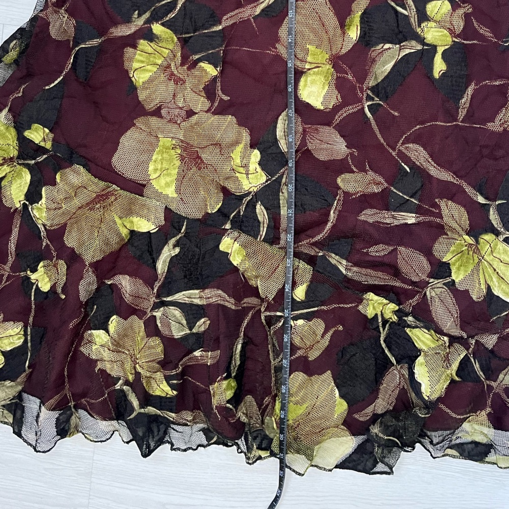 Floral A-Line Midi Dress in Plum Purple sheer overlay with green leaf patterns - Picture 3 of 5